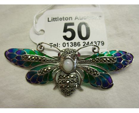 Silver enamel &amp; opal set bug brooch