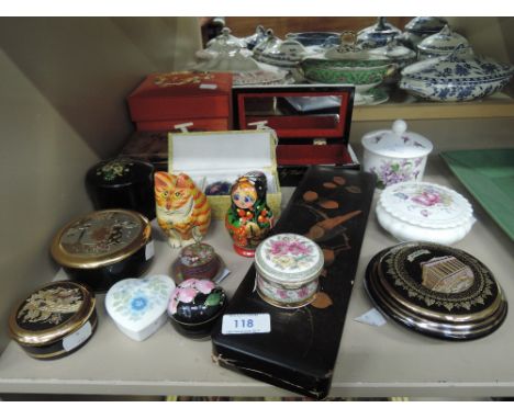 A selection of novelty and collectable trinket and jewellery cases and boxes ceramic treen etc