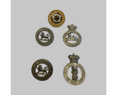 5 Helmet Plate Centres/Glengarry Badges. Lugs in tact. Good Condition. 2nd Volunteer Batt. Loyal North Lancashire, and 2nd Vo