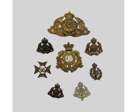 Derbyshire Badges. Imperial Derbyshire Yeomanry Helmet Plate. 5 Derbyshire Yeomanry Cap Badges. 95th Regiment Shako and Gleng