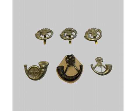 6 Light Infantry Cap Badges. 1st, 2nd, 3rd Volunteer Brigade, Cornwall, Royal Devon Militia, plus 2 Light Infantry Bugle Cap 