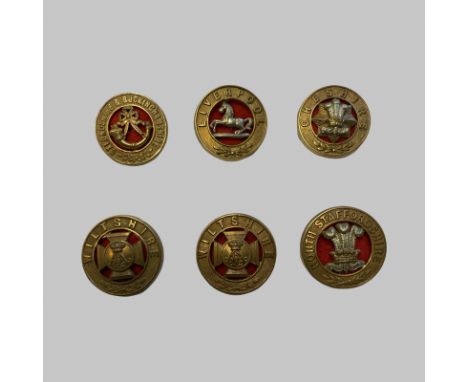 6 Helmet Plate Centres. Lugs in tact. Cheshire (Bi-metal), North Staffordshire (Bi-Metal), Liverpool (Bi-metal), 2 Wiltshire 