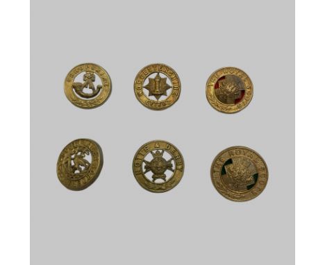 6 Brass Helmet Plate Centres. Lugs in tact. Good Condition. Shropshire, Worcestershire, Royal Scots 2, South Wales Borderers,