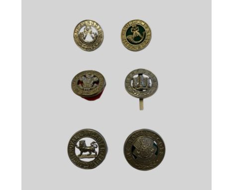 6 White Metal Helmet Place Centres. Lugs in tact. The Royal Scots, Devonshire, Royal Lancashire (first Vol Batt), First Vol. 