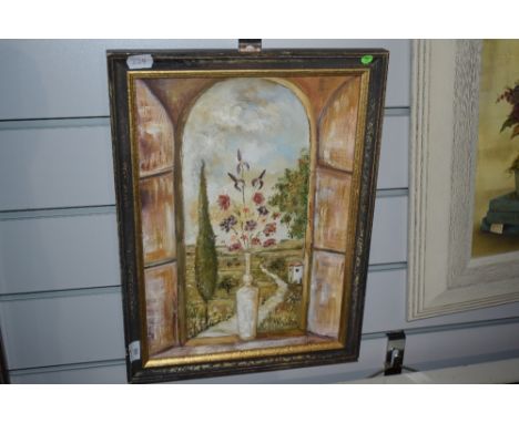20th Century School, oil on board, A still life arrangement depicting a vase of flowers on a window sill with a Continental l