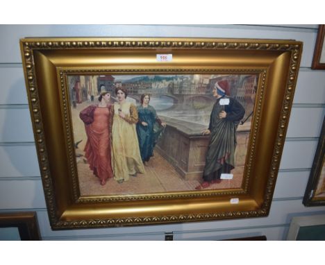 After Henry Holiday (1839-1927, British), coloured print, 'Dante and Beatrice', displayed within a chunky gilt wood frame and