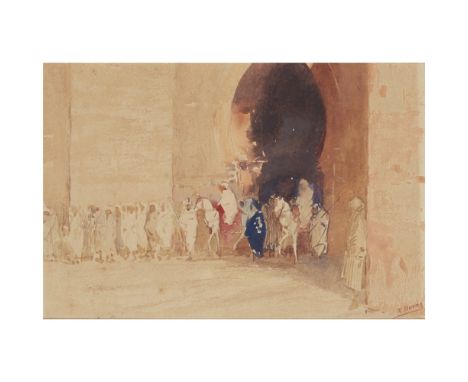 ROBERT BURNS (SCOTTISH 1869-1941)  GATE OF BAB DOUKKALA, MARRAKECH, MOROCCO   Signed, watercolour  22.5cm x 33.5cm (9in x 13.