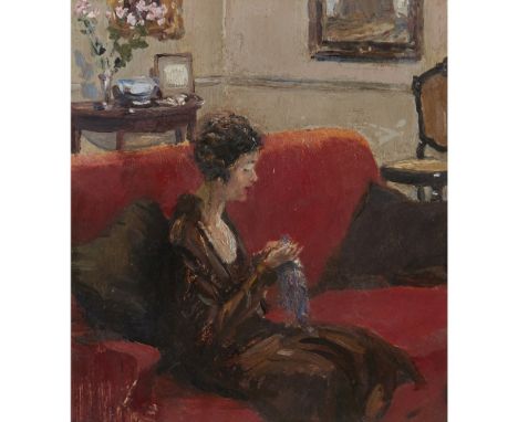 ATTRIBUTED TO ROBERT HOPE  A LADY SEWING   Further pencil sketch of a lady sewing verso, oil on board  26.5cm x 23.5cm (10.5i