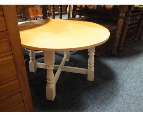 A SHABBY CHIC PAINTED CIRCULAR COFFEE TABLE, TOGETHER WITH A HEADBOARD, MAHOGANY TROLLEY AND SPOT LAMP (4)