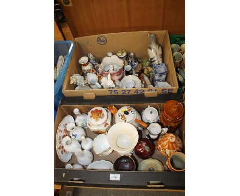 TWO TRAYS OF CERAMICS TO INCLUDE AYNSLEY, HUNTING TEAPOT, ANIMAL FIGURES ETC.  