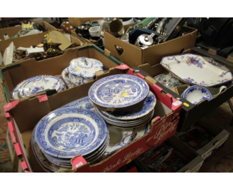 THREE TRAYS OF ASSORTED CHINA TO INCLUDE SPODE, MEAT PLATES, BLUE AND WHITE ETC.  