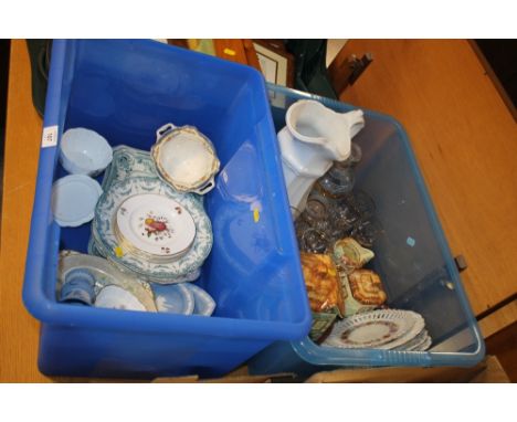 TWO BOXES OF CERAMICS AND GLASSWARE TO INCLUDE WEDGWOOD JASPERWARE, ROYAL WORCESTER ETC. 