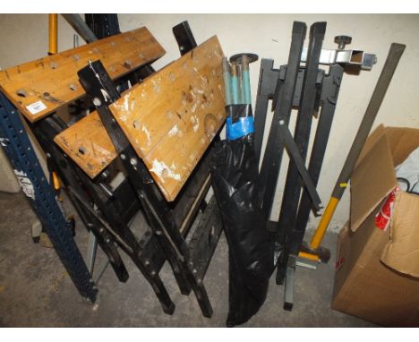 TWO WORK BENCHES, DRAIN CLEANING POLES, AXE ETC