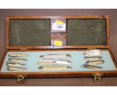 A CASED COLLECTION OF PEN AND FRUIT KNIVES TO INCLUDE A MOTHER OF PEARL AND SILVER EXAMPLE 