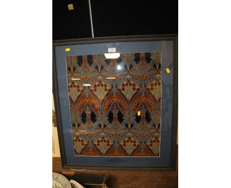 A FRAMED AND GLAZED CARPET CUTTING FROM THE ORIENT EXPRESS BAR SALON TRAIN BLEU 4160 