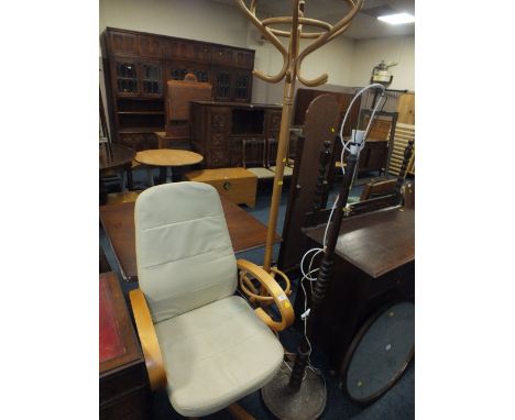 A MODERN OFFICE ARMCHAIR, STANDARD LAMP AND A BENTWOOD HAT STAND (3)