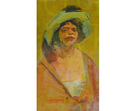 An oil on board, man in a robe and hat, gallery label verso, signed R. Jewell. 36x26cm 