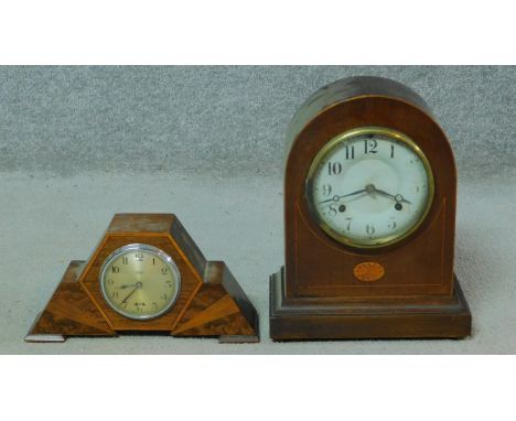 Two mahogany and inlaid mantle clocks. One Smith's electric Art Deco clock with abstract design and chrome face. The other a 