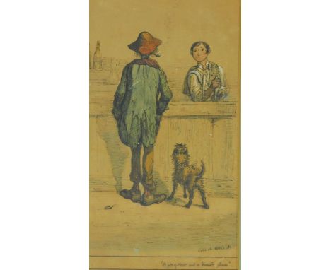 A framed and glazed pen and ink sketch, man and his dog, bar scene, signed and inscribed lower right. 48x36cm 