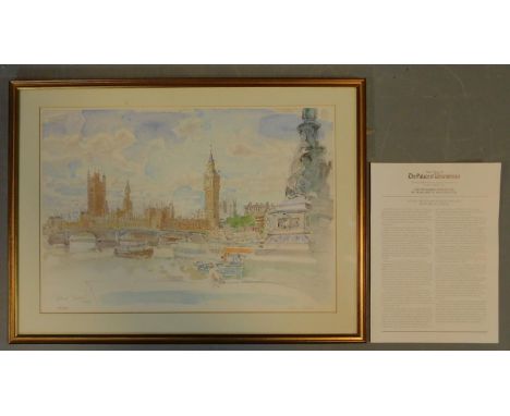 A framed and glazed signed and numbered edition 68-500 print of a view from Parliament Square, includes certificate of authen