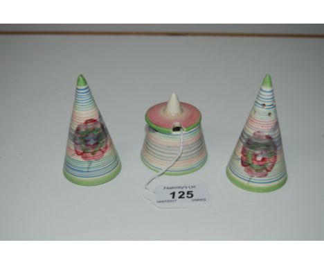 1930'S ART DECO CLARICE CLIFF CONICAL SHAPED 3- PIECE CONDIMENT SET COMPRISING OF SALT, PEPPER & MUSTARD POTS