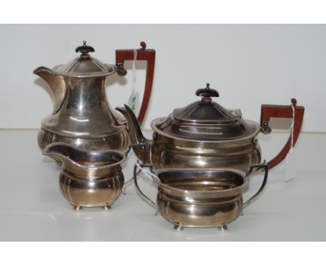 HARRODS OF LONDON REGENCY STYLE SILVER 4 PIECE TEA SERVICE WITH BAKELITE HANDLES BY MAKER R. W. B. BIRMINGHAM 1937, 52.45 OZ 