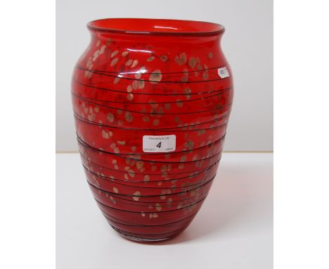 RUBY RED GLASS VASE WITH BLACK THREAD LIKE DECORATION & GOLD INCLUSIONS (28CM HIGH).