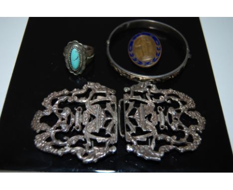 1- SILVER NURSES BUCKLE, 1- NURSES BADGE, 1- SILVER BRACELET, 1- SILVER & TURQUOISE STONE RING