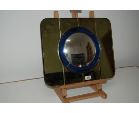 1930'S ART DECO PORTHOLE STYLE MIRROR WITH SILVERED CONVEX CENTRE, BLUE INNER CIRCLE & YELLOW/GREEN OUTER. 38CM X 46CM.