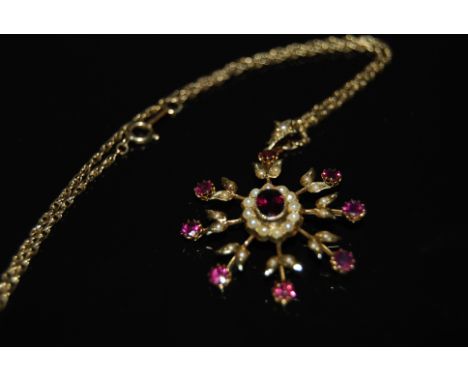 ANTIQUE 9CT YELLOW GOLD 1/2 PEARL & AMETHYST FLORAL SPRAY PENDANT ON A FINE GOLD DOUBLE LINK CHAIN, 5.9 GRAMS -GROSS.
