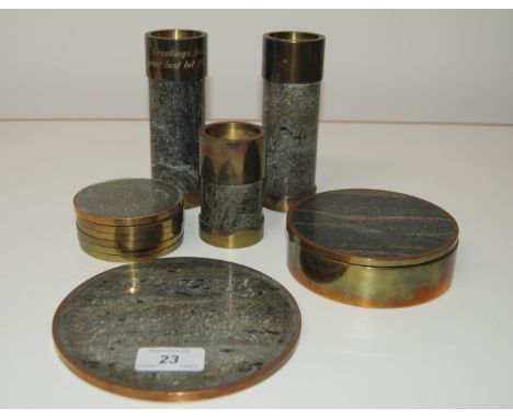 SAULO NORWEGIAN MARBLE AND BRASS TRINKET BOX, 1 LARGE AND 6 SMALL COASTERS AND 3 CANDLE STICKS, CIRCA 1970'S/80'S.