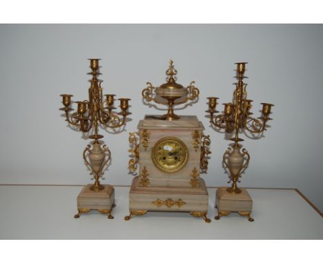 VICTORIAN MARBLE & GILT METAL 3-PIECE CLOCK GARNITURE, COMPRISING OF A STRIKING CLOCK, WITH KEY & 1- PAIR OF CANDELABRUM