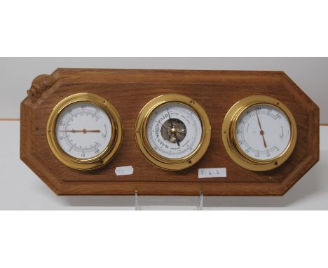 ROBERT THOMPSON 'MOUSEMAN' WALL MOUNTED BRASS THERMOMETER, BAROMETER AND HYGROMETER. 43CM.