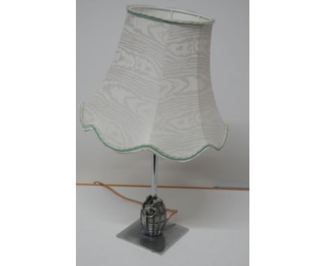 CHROME PLATED TABLE LAMP INCORPORATING A HAND GRENADE ON THE BASE