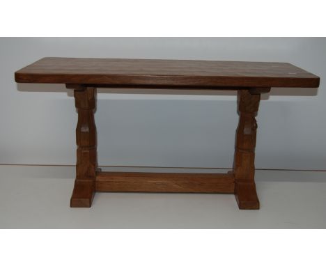 ROBERT THOMPSON 'MOUSEMAN' ADZE TOP OAK COFFEE TABLE. 91.5CM LONG.