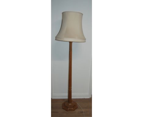 ROBERT THOMPSON 'MOUSEMAN' OCTAGONAL OAK STANDARD LAMP WITH CREAM SHADE.