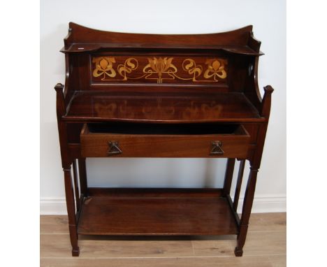 VICTORIAN ART NOUVEAU MAHOGANY WASHSTAND WITH INLAID AND MARQUETRY PANEL DEPICTING STYLIZED FLOWERS. 93CM WIDE.