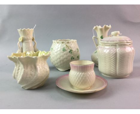 BELLEEK PART TEA SERVICE, with pink decoration, including three cups and saucers, cream and sugar; along with a collection of
