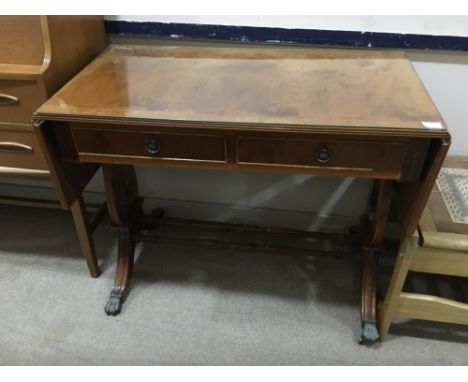 WALNUT SOFA TABLE, with glass top, two frieze drawers, 92cm wide, 75cm high