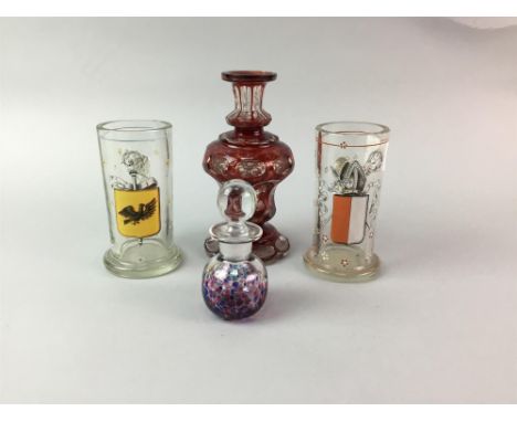 BAVARIAN RUBY FLASHED PERFUME BOTTLE, along with another smaller perfume bottle and a pair of Bavarian glasses (4)