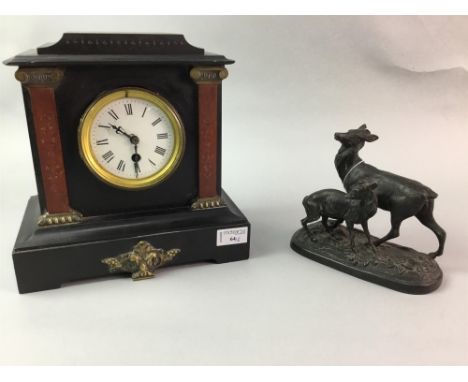 FRENCH SLATE AND MARBLE MANTEL CLOCK, along with a spelter figure group of two deer (3)