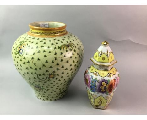 LARGE ITALIAN MAJOLICA CERAMIC JAR, along with a Dresden lidded jar, a dish with pierced decoration and a Chinese planter (4)