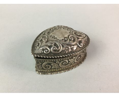 SILVER EMBOSSED HEART SHAPED TRINKET BOX, Chester 1896, 80g