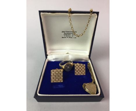 NINE CARAT GOLD SIGNET RING, along with a pair of nine carat gold cufflinks, nine carat gold chain and a nine carat gold lock
