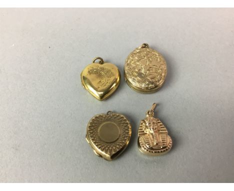 YELLOW METAL SPHINX CHARM, marked 375 to chain, along with three gold plated lockets (4)