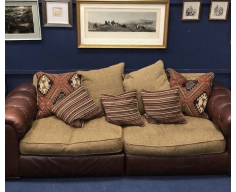 BROWN LEATHER AND FABRIC SOFA