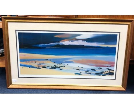 PAM CARTER, BEACH VIEW, COLOUR PRINT, SIGNED IN 90/805, along with John Lawrence, Sailing in the Estuary, watercolour, and tw