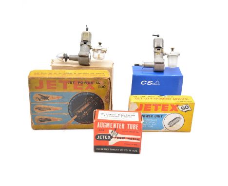Four aero model aircraft engines, including Jetex 50 jet power unit; Jetex 100 jet power unit; CS Boddo Mills 1.3cc diesel; K