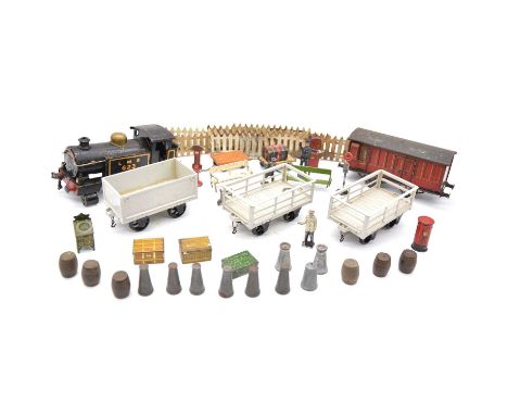 Hornby O gauge model railway locomotive body for LMS 623; Guard van (no trucks); selection of lead painted track-side figures