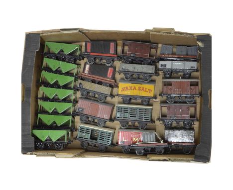 Hornby O gauge model railway freight cars, twenty-three including LMS hopper wagon, LMS removed, (x7); LMS gunpowder van; Sax